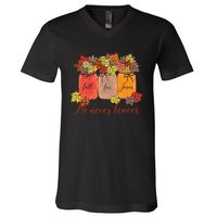 Fall For Jesus He Never Leaves Christian Lover Thanksgiving V-Neck T-Shirt