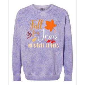 Fall For Jesus He Never Leaves Christian Autumn Thanksgiving Colorblast Crewneck Sweatshirt