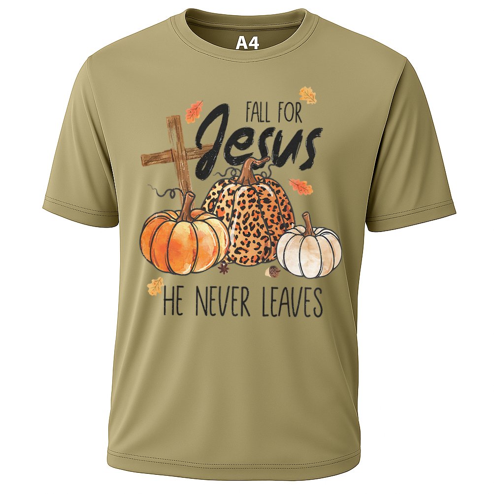 Fall for Jesus He Never Leaves Christian Thanksgiving Dinner Cooling Performance Crew T-Shirt