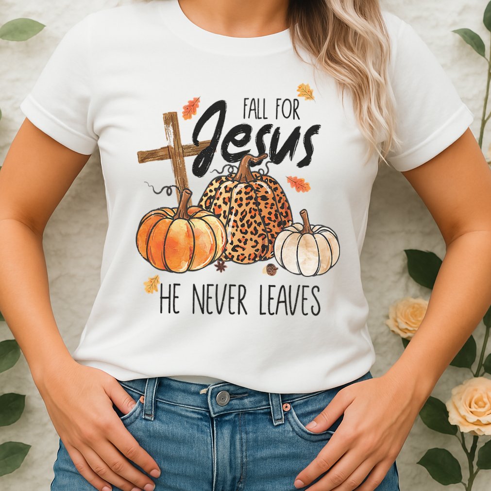 Fall for Jesus He Never Leaves Christian Thanksgiving Dinner Womens T-Shirt