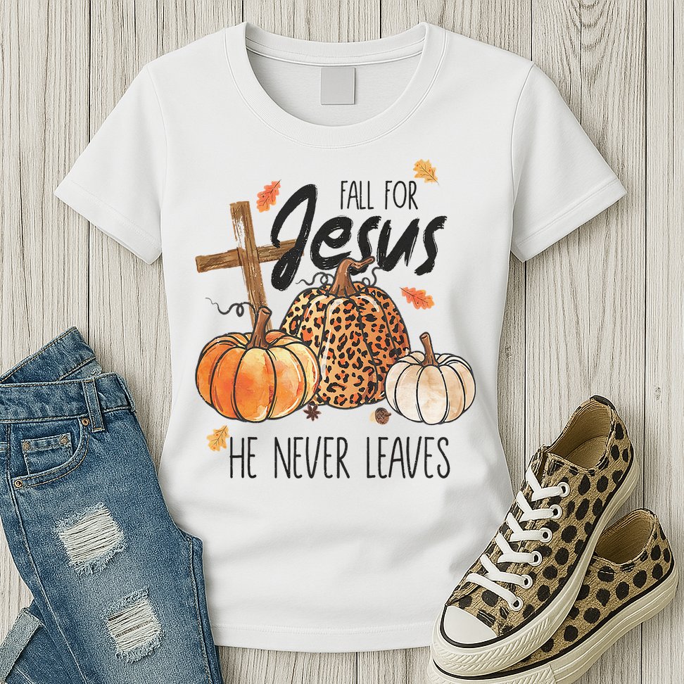 Fall for Jesus He Never Leaves Christian Thanksgiving Dinner Womens T-Shirt