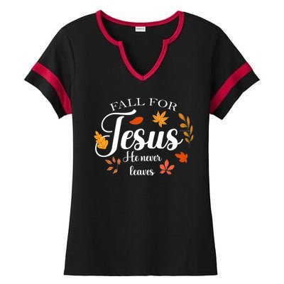 Fall For Jesus He Never Leaves Christianity Ladies Halftime Notch Neck Tee