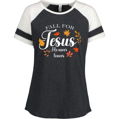 Fall For Jesus He Never Leaves Christianity Enza Ladies Jersey Colorblock Tee