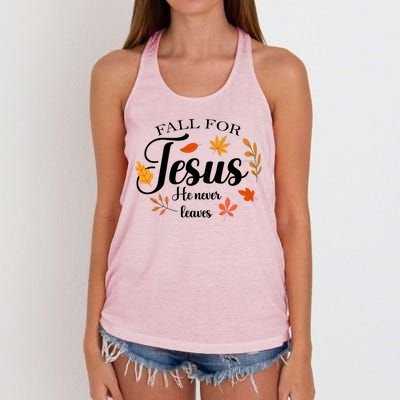 Fall For Jesus He Never Leaves Christianity Women's Knotted Racerback Tank