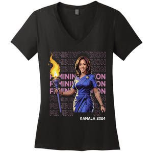 Funny Femininomenon Kamala Harris Retro Madam President 2024 Women's V-Neck T-Shirt