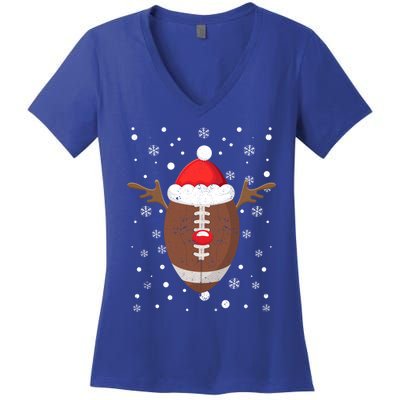 Football Fan Lover Reindeer Antlers Christmas Funny Xmas Elk Gift Women's V-Neck T-Shirt