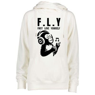 Fly First Love Yourself: Enjoy Music Cute Monkey Gift Womens Funnel Neck Pullover Hood