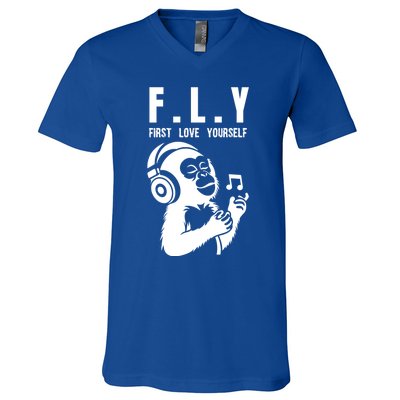 Fly First Love Yourself: Enjoy Music Cute Monkey Gift V-Neck T-Shirt