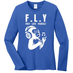 Fly First Love Yourself: Enjoy Music Cute Monkey Gift Ladies Long Sleeve Shirt