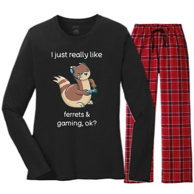 Funny Ferret Lover Gamer I Love Video Gaming Ferret Women's Long Sleeve Flannel Pajama Set 