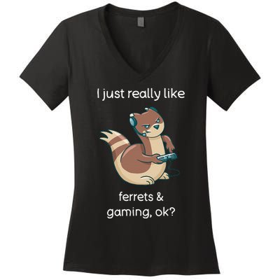 Funny Ferret Lover Gamer I Love Video Gaming Ferret Women's V-Neck T-Shirt