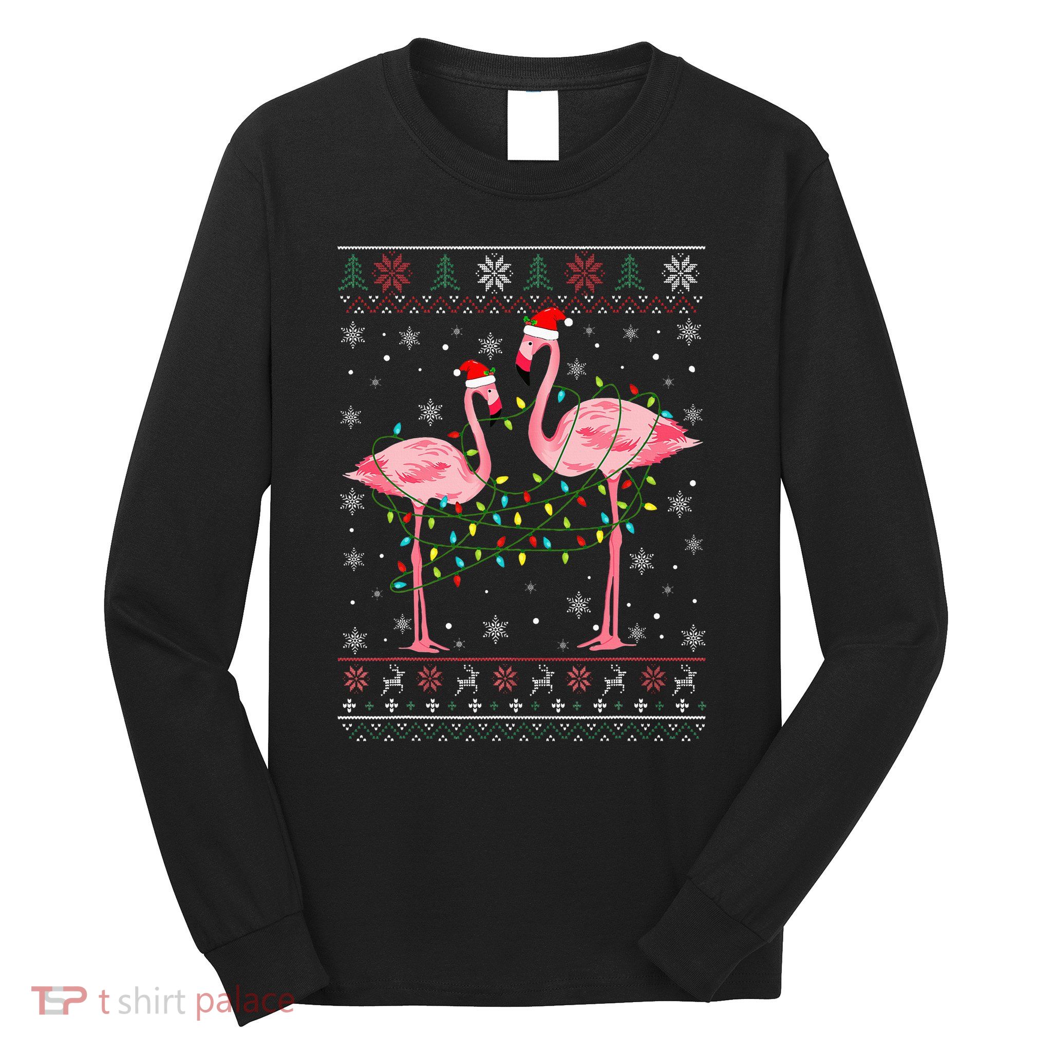 Funny Flamingo Lights Tangled Ugly Sweater Christmas Animals Long Sleeve Shirt