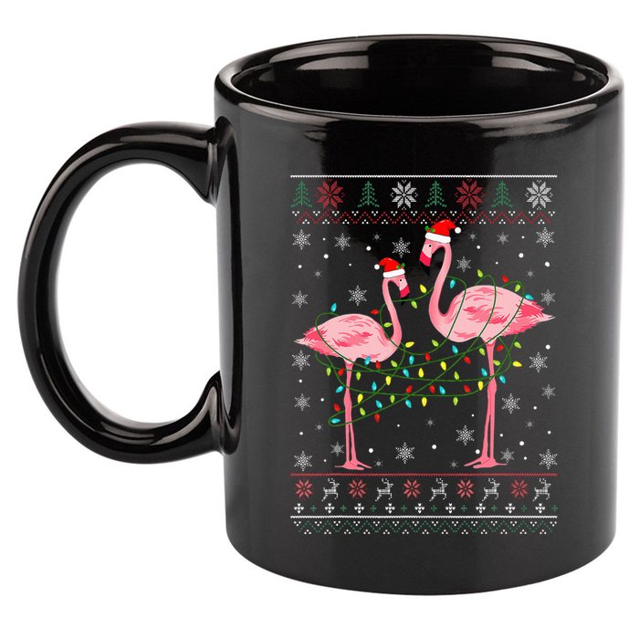 Funny Flamingo Lights Tangled Ugly Sweater Christmas Animals 11oz C Handle Ceramic Mug