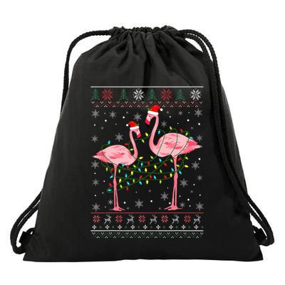 Funny Flamingo Lights Tangled Ugly Sweater Christmas Animals Drawstring Bag