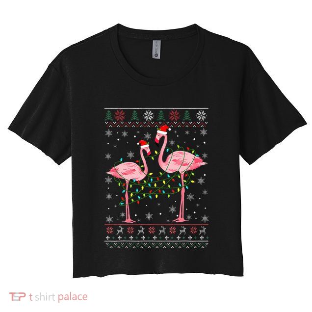 Funny Flamingo Lights Tangled Ugly Sweater Christmas Animals Crop Top
