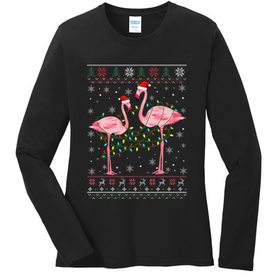 Funny Flamingo Lights Tangled Ugly Sweater Christmas Animals Ladies Long Sleeve Shirt