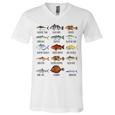 Funny Fishing Lover Types Of Saltwater Fish Species Biology V-Neck T-Shirt