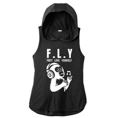 Fly First Love Yourself: Enjoy Music Cute Monkey Cute Gift Ladies PosiCharge Tri-Blend Wicking Draft Hoodie Tank