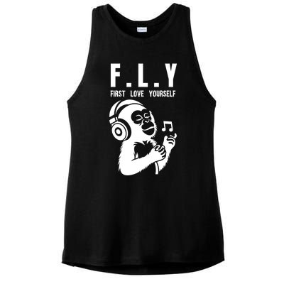 Fly First Love Yourself: Enjoy Music Cute Monkey Cute Gift Ladies PosiCharge Tri-Blend Wicking Tank