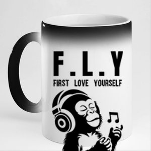 Fly First Love Yourself: Enjoy Music Cute Monkey Cute Gift 11oz Black Color Changing Mug