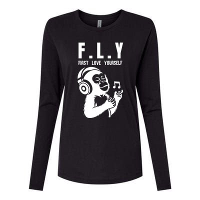 Fly First Love Yourself: Enjoy Music Cute Monkey Cute Gift Womens Cotton Relaxed Long Sleeve T-Shirt