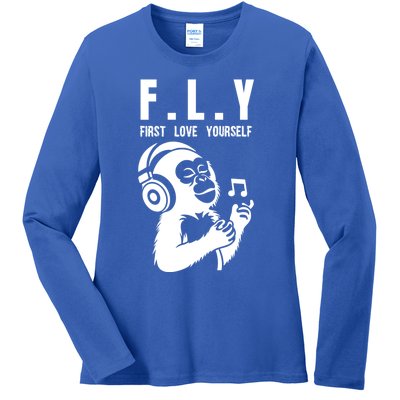 Fly First Love Yourself: Enjoy Music Cute Monkey Cute Gift Ladies Long Sleeve Shirt