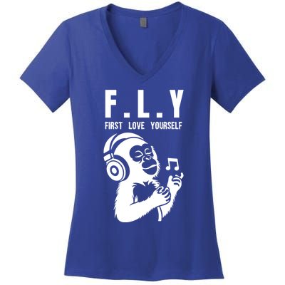 Fly First Love Yourself: Enjoy Music Cute Monkey Cute Gift Women's V-Neck T-Shirt