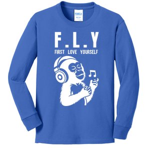 Fly First Love Yourself: Enjoy Music Cute Monkey Cute Gift Kids Long Sleeve Shirt