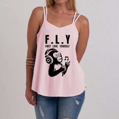 Fly First Love Yourself: Enjoy Music Cute Monkey Cute Gift Women's Strappy Tank