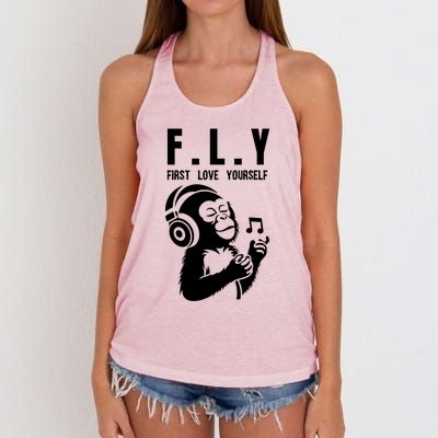 Fly First Love Yourself: Enjoy Music Cute Monkey Cute Gift Women's Knotted Racerback Tank