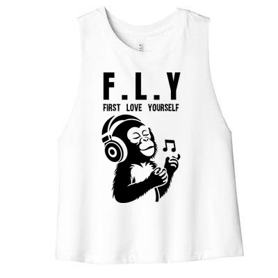 Fly First Love Yourself: Enjoy Music Cute Monkey Cute Gift Women's Racerback Cropped Tank