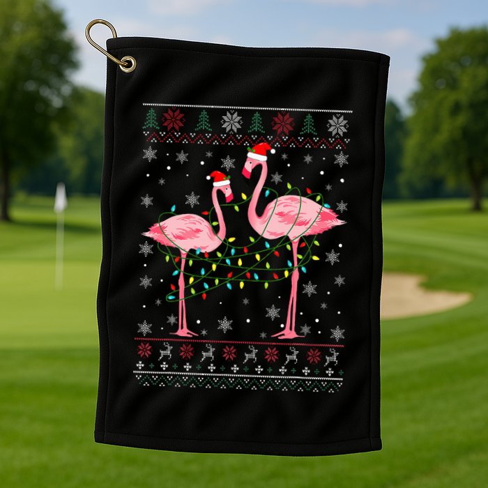 Funny Flamingo Lights Tangled Ugly Sweater Xmas  Golf Towel