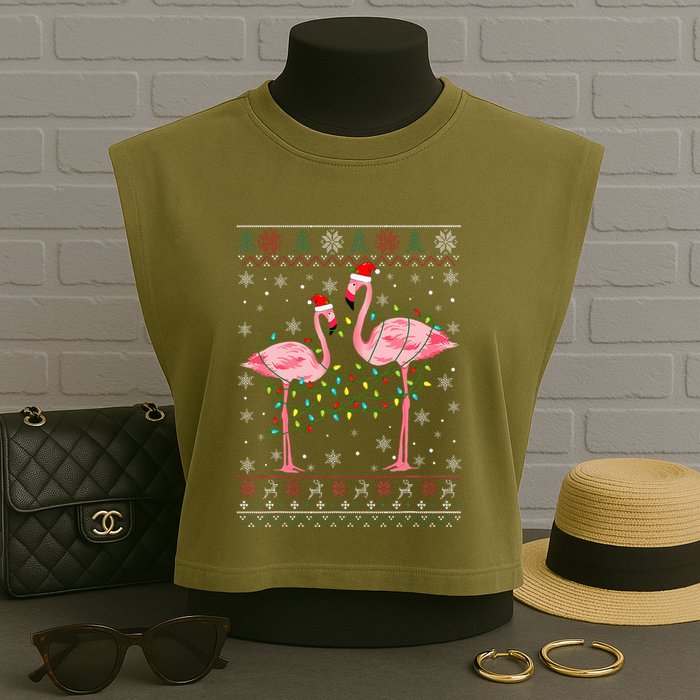 Funny Flamingo Lights Tangled Ugly Sweater Xmas  Garment-Dyed Women's Muscle Tee