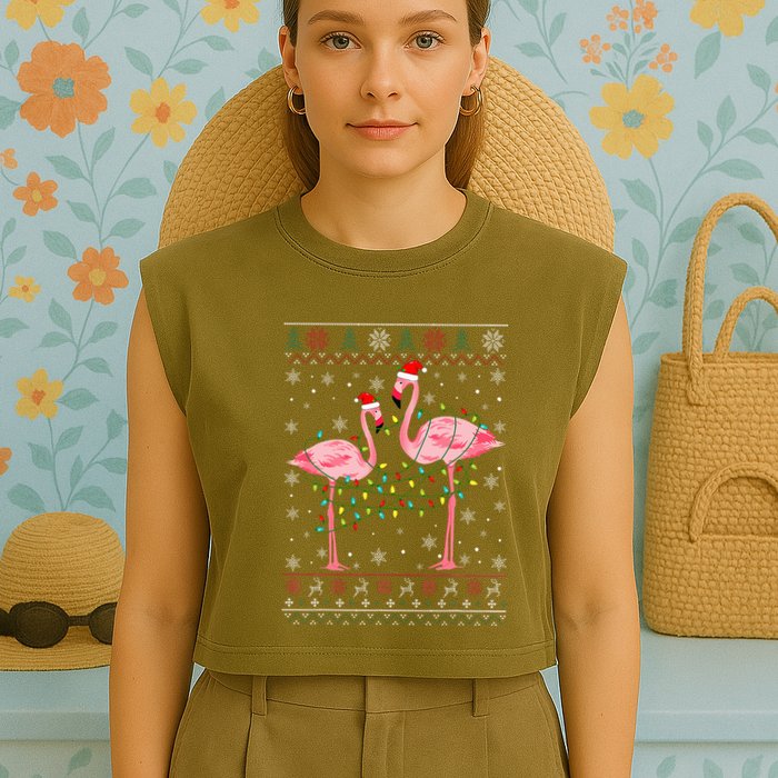 Funny Flamingo Lights Tangled Ugly Sweater Xmas  Garment-Dyed Women's Muscle Tee