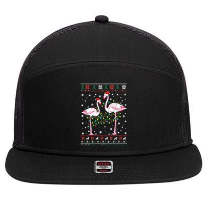 Funny Flamingo Lights Tangled Ugly Sweater Christmas Animals 7 Panel Mesh Trucker Snapback Hat