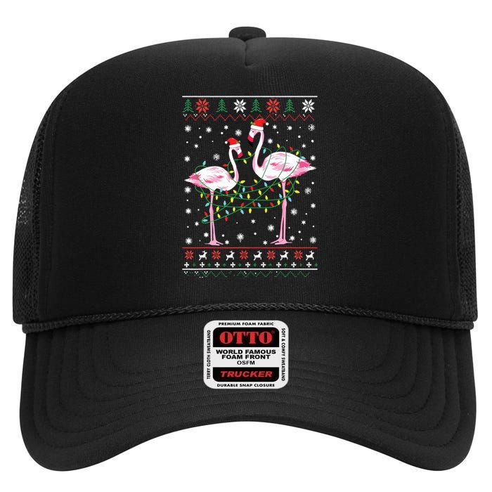 Funny Flamingo Lights Tangled Ugly Sweater Christmas Animals High Crown Mesh Back Trucker Hat