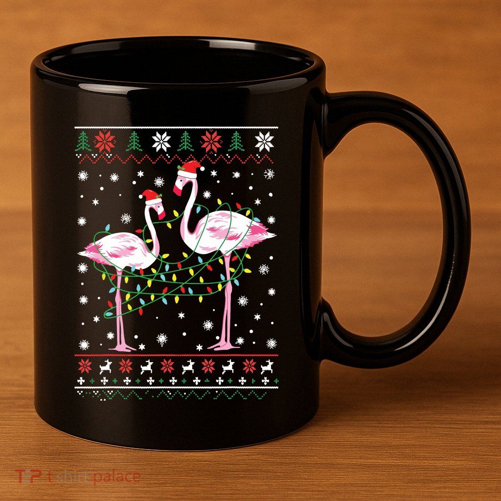 Funny Flamingo Lights Tangled Ugly Sweater Christmas Animals 11oz C Handle Ceramic Mug