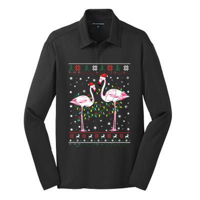 Funny Flamingo Lights Tangled Ugly Sweater Christmas Animals Silk Touch Performance Long Sleeve Polo