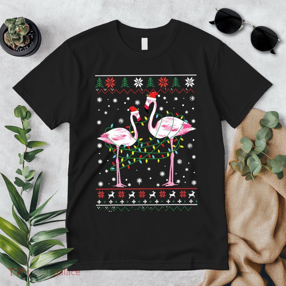 Funny Flamingo Lights Tangled Ugly Sweater Christmas Animals Premium T-Shirt