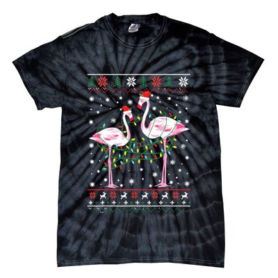 Funny Flamingo Lights Tangled Ugly Sweater Christmas Animals Tie-Dye T-Shirt
