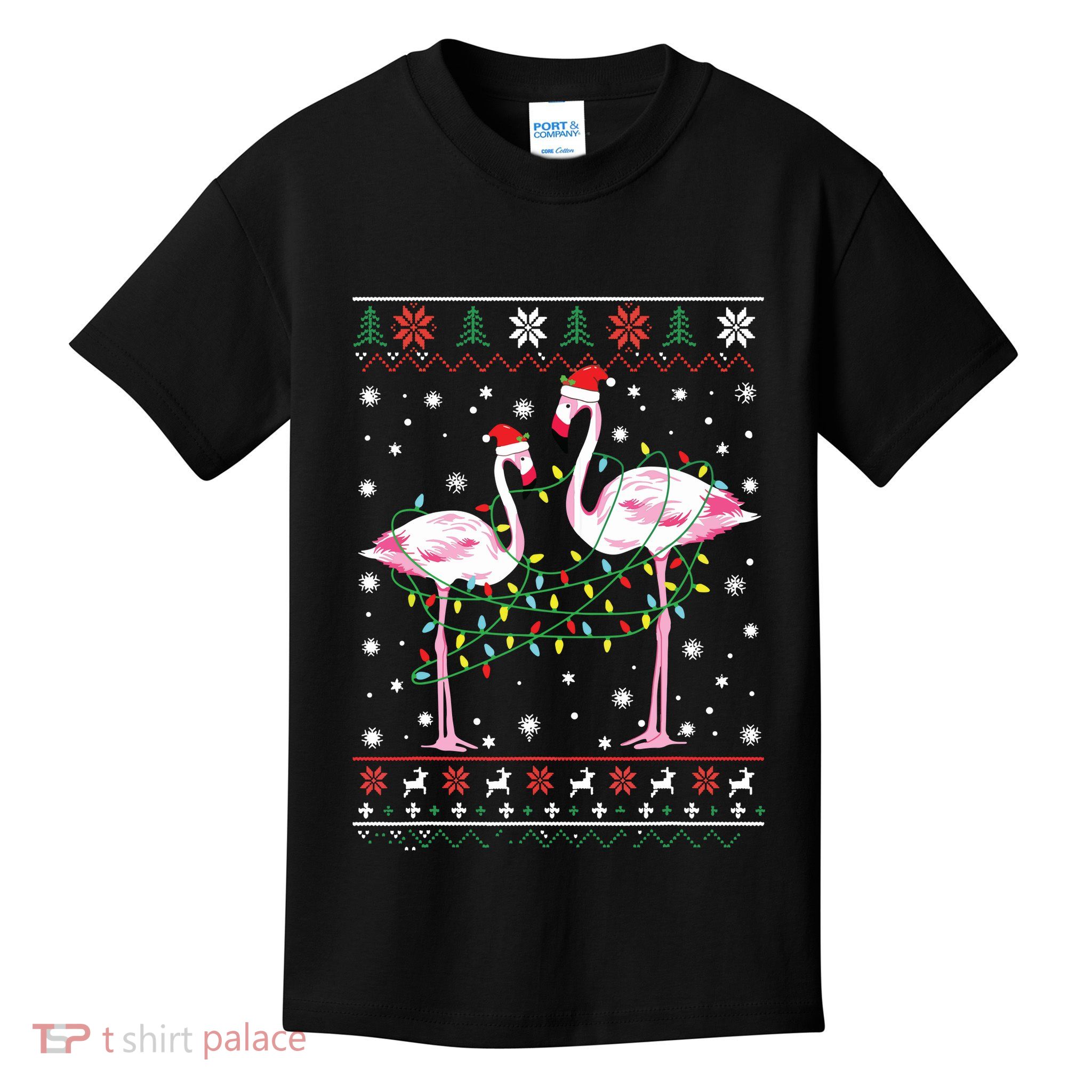 Funny Flamingo Lights Tangled Ugly Sweater Christmas Animals Kids T-Shirt
