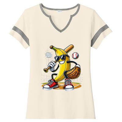 Funny Fruit Lover Banana Playing Baseball Ladies Halftime Notch Neck Tee