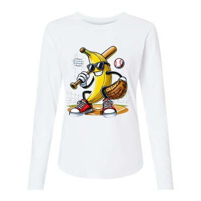 Funny Fruit Lover Banana Playing Baseball Womens Cotton Relaxed Long Sleeve T-Shirt