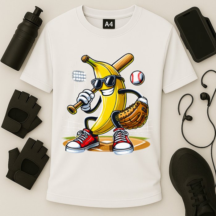 Funny Fruit Lover Banana Playing Baseball Cooling Performance Crew T-Shirt
