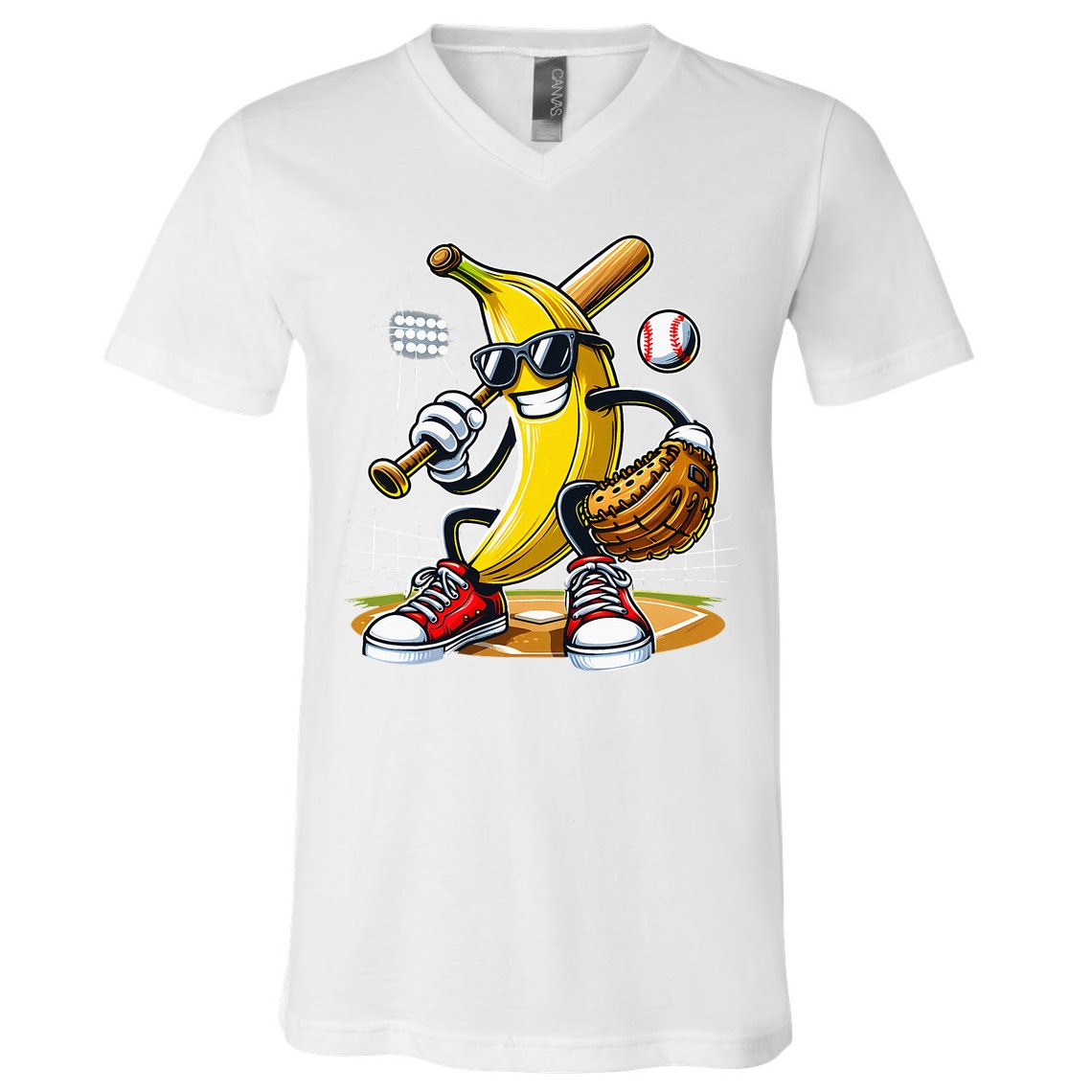 Funny Fruit Lover Banana Playing Baseball V-Neck T-Shirt