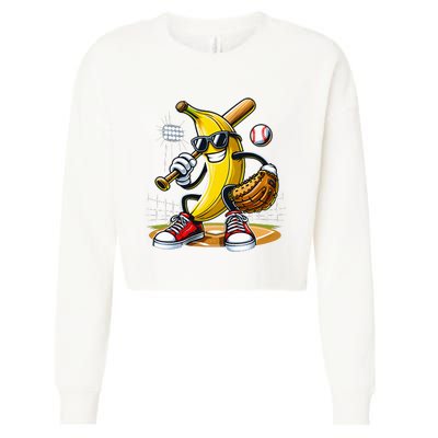 Funny Fruit Lover Banana Playing Baseball Cropped Pullover Crew