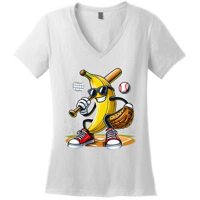 Funny Fruit Lover Banana Playing Baseball Women's V-Neck T-Shirt