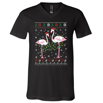 Funny Flamingo Lights Tangled Ugly Sweater Christmas Animals V-Neck T-Shirt