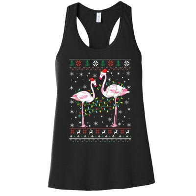 Funny Flamingo Lights Tangled Ugly Sweater Christmas Animals Women's Racerback Tank