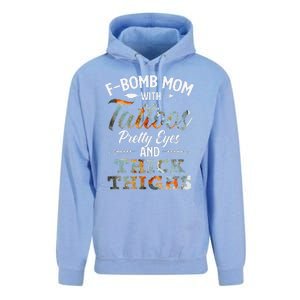 Funny FBomb Mom With Tattoos Pretty Eyes And Thick Thighs Unisex Surf Hoodie